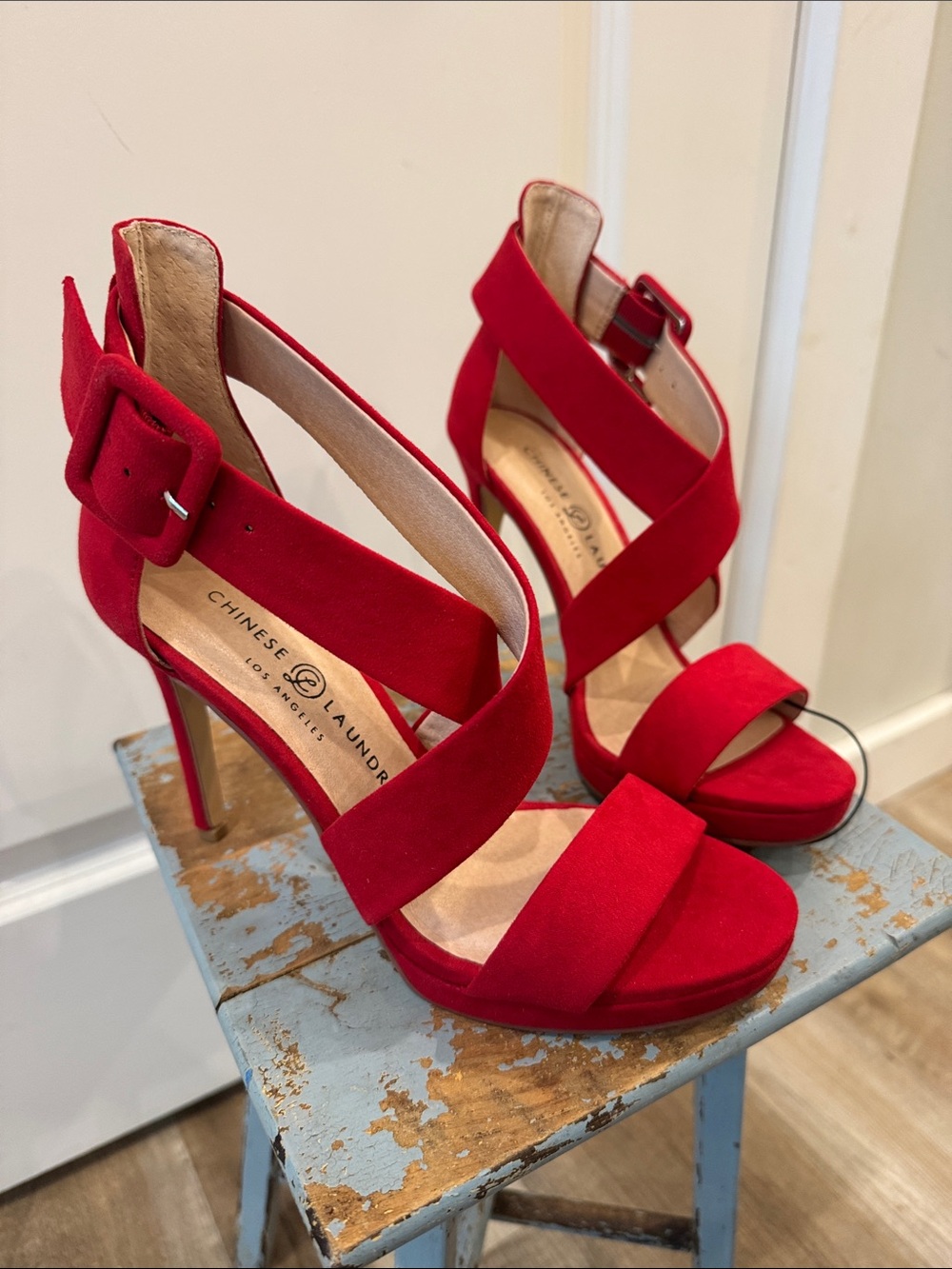 Chinese Laundry Foxie Lollipop Red Suede Crisscross Strap High Heels
